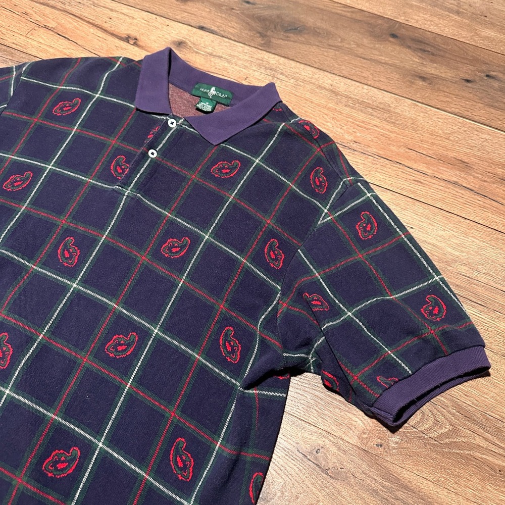 Vintage Hunt Club Navy Blue Plaid Paisley Polo Shirt Mens Medium